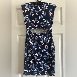 Popular 21 Beautiful Navy Butterfly Print Dress with Midriff Slit Sz Med EUC